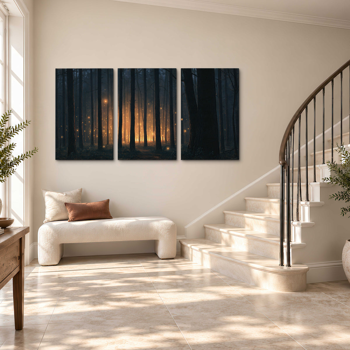A warm amber glow shining between closely spaced dark forest trunks 3 piece canvas wall art styled in an interior