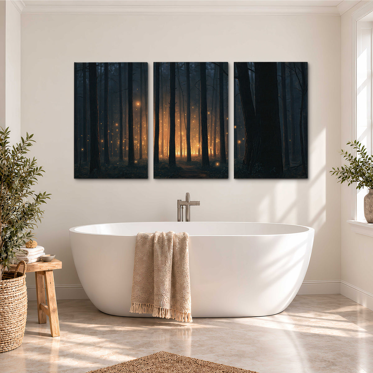 A warm amber glow shining between closely spaced dark forest trunks 3 piece canvas wall art styled in an interior