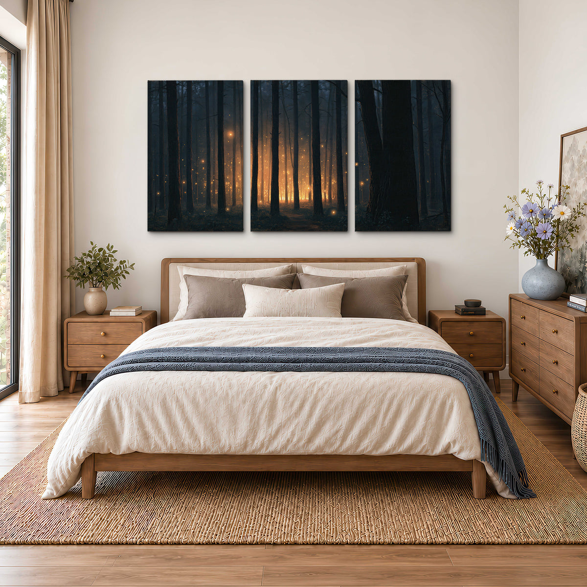 A warm amber glow shining between closely spaced dark forest trunks 3 piece canvas wall art styled in an interior
