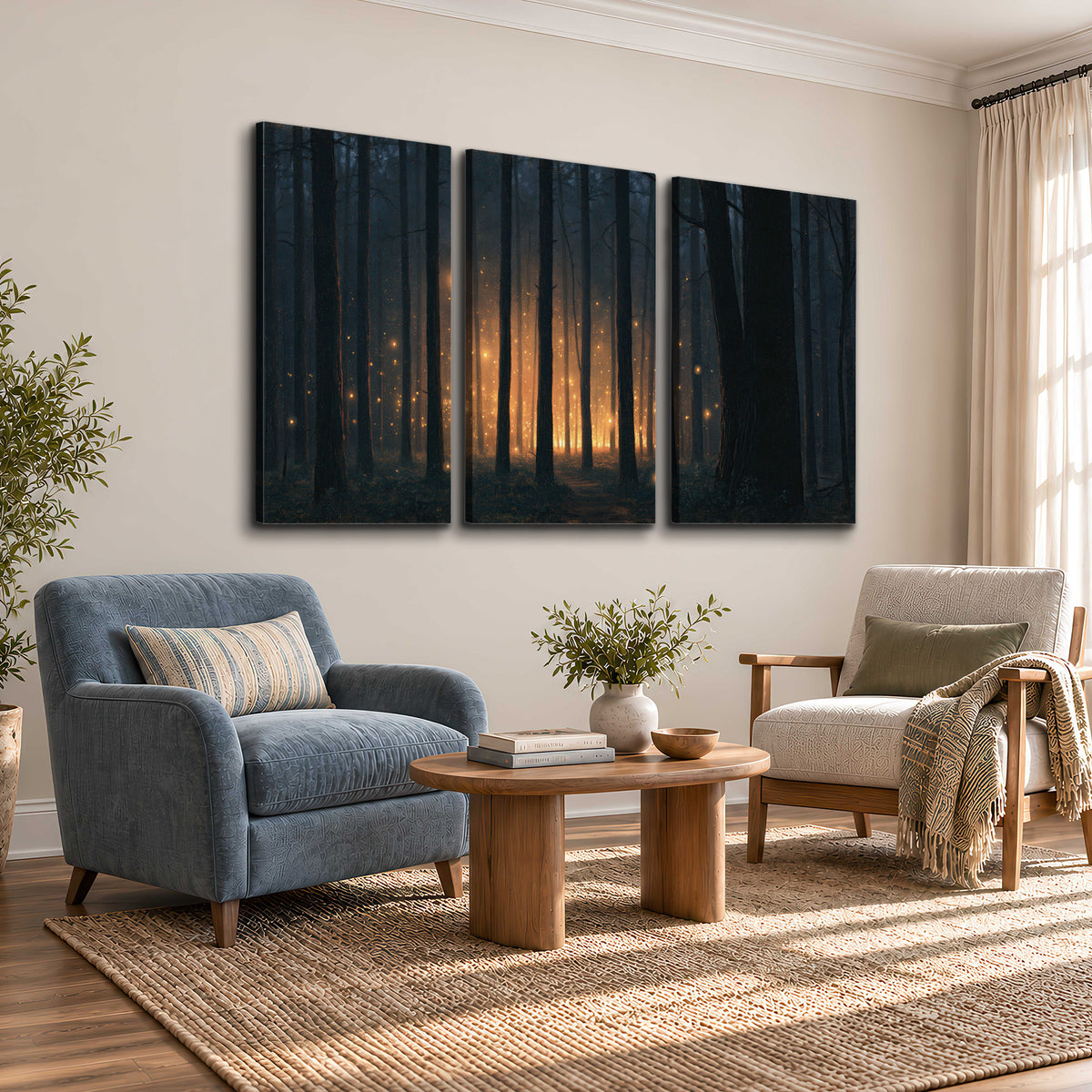 A warm amber glow shining between closely spaced dark forest trunks 3 piece canvas wall art styled in an interior