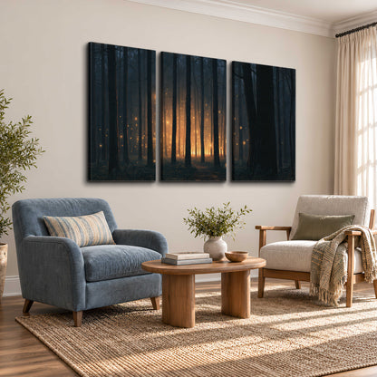 A warm amber glow shining between closely spaced dark forest trunks 3 piece canvas wall art styled in an interior