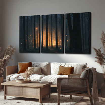 A warm amber glow shining between closely spaced dark forest trunks 3 piece canvas wall art displayed in a rustic living room