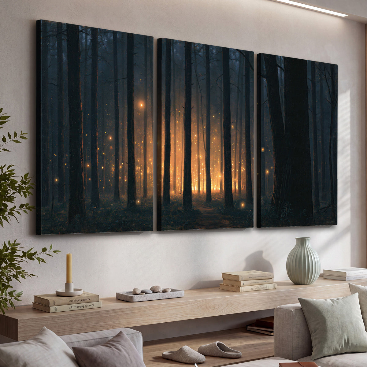 A warm amber glow shining between closely spaced dark forest trunks 3 piece canvas wall art displayed in a console