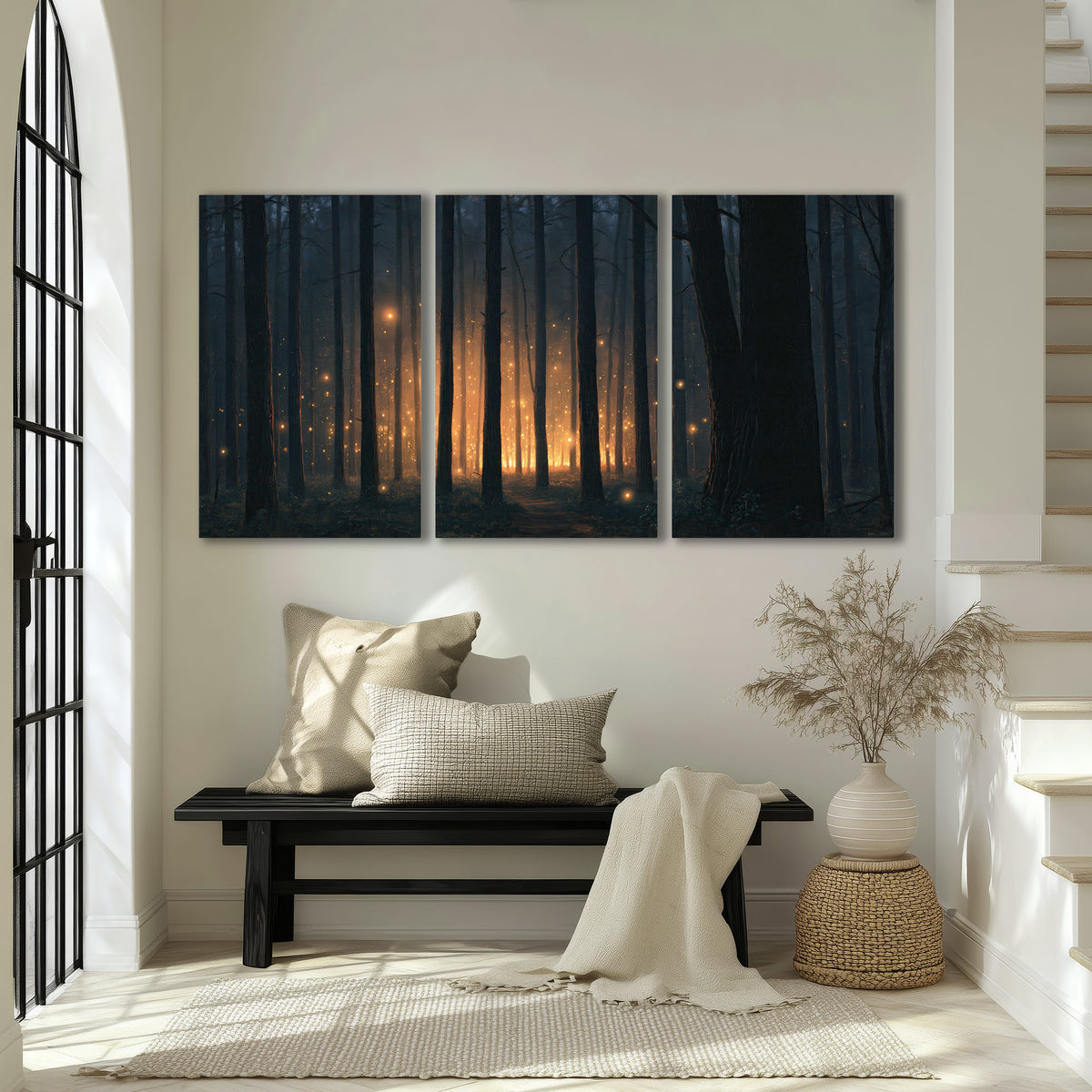 A warm amber glow shining between closely spaced dark forest trunks 3 piece canvas wall art displayed in a entryway