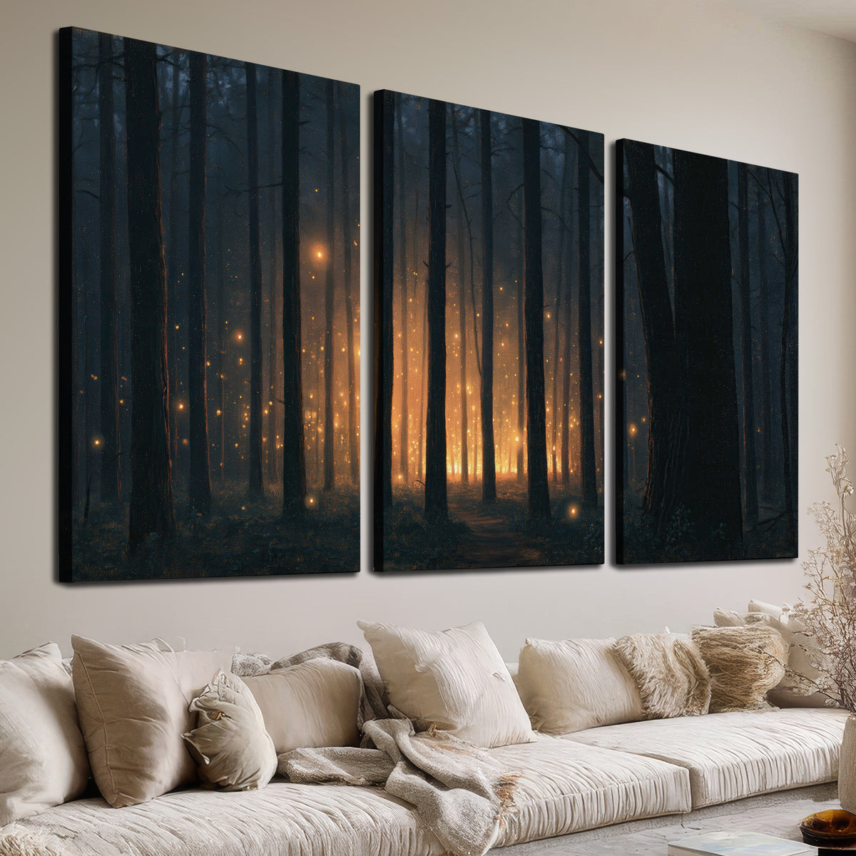 A warm amber glow shining between closely spaced dark forest trunks 3 piece canvas wall art room and product view