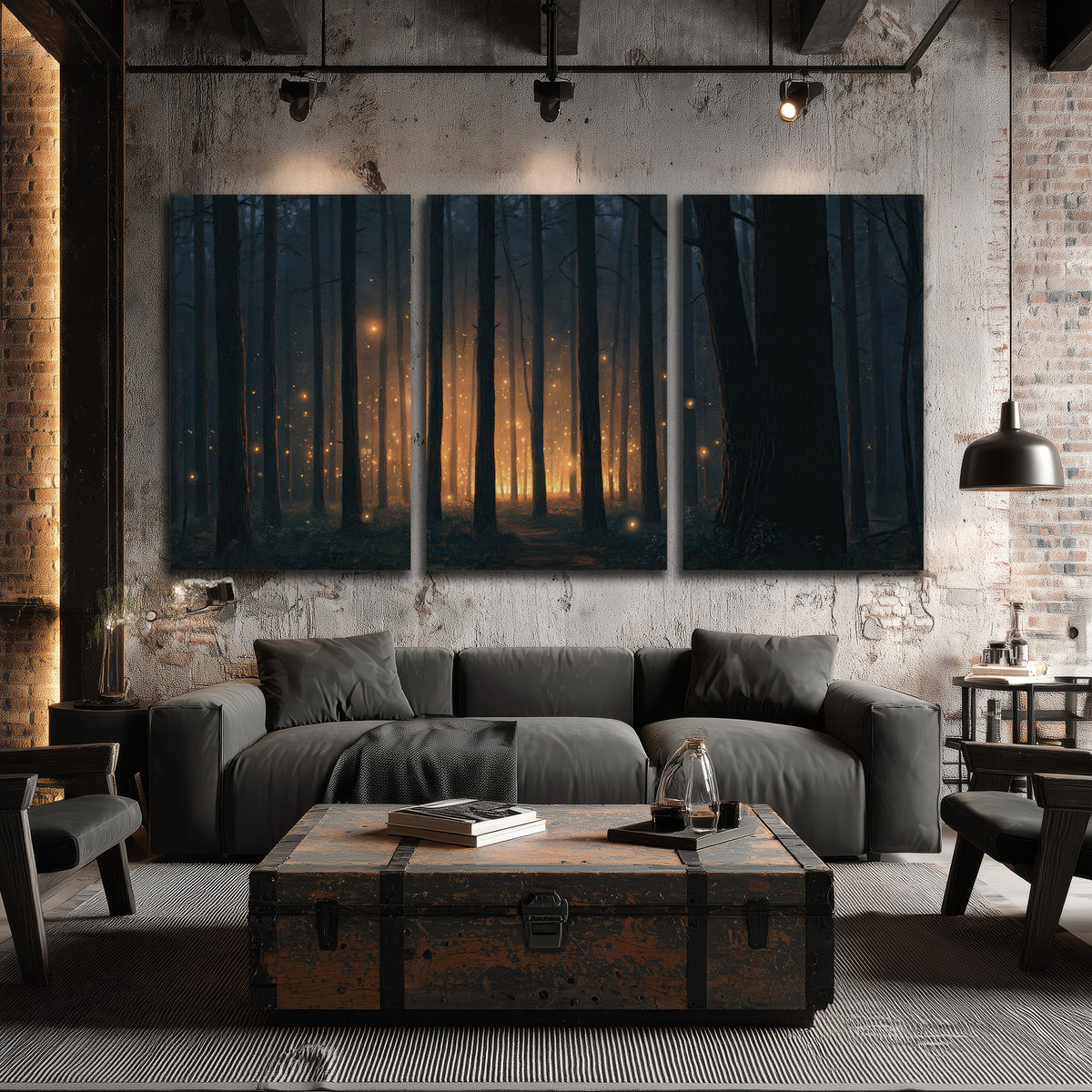 A warm amber glow shining between closely spaced dark forest trunks 3 piece canvas wall art displayed in a industrial room