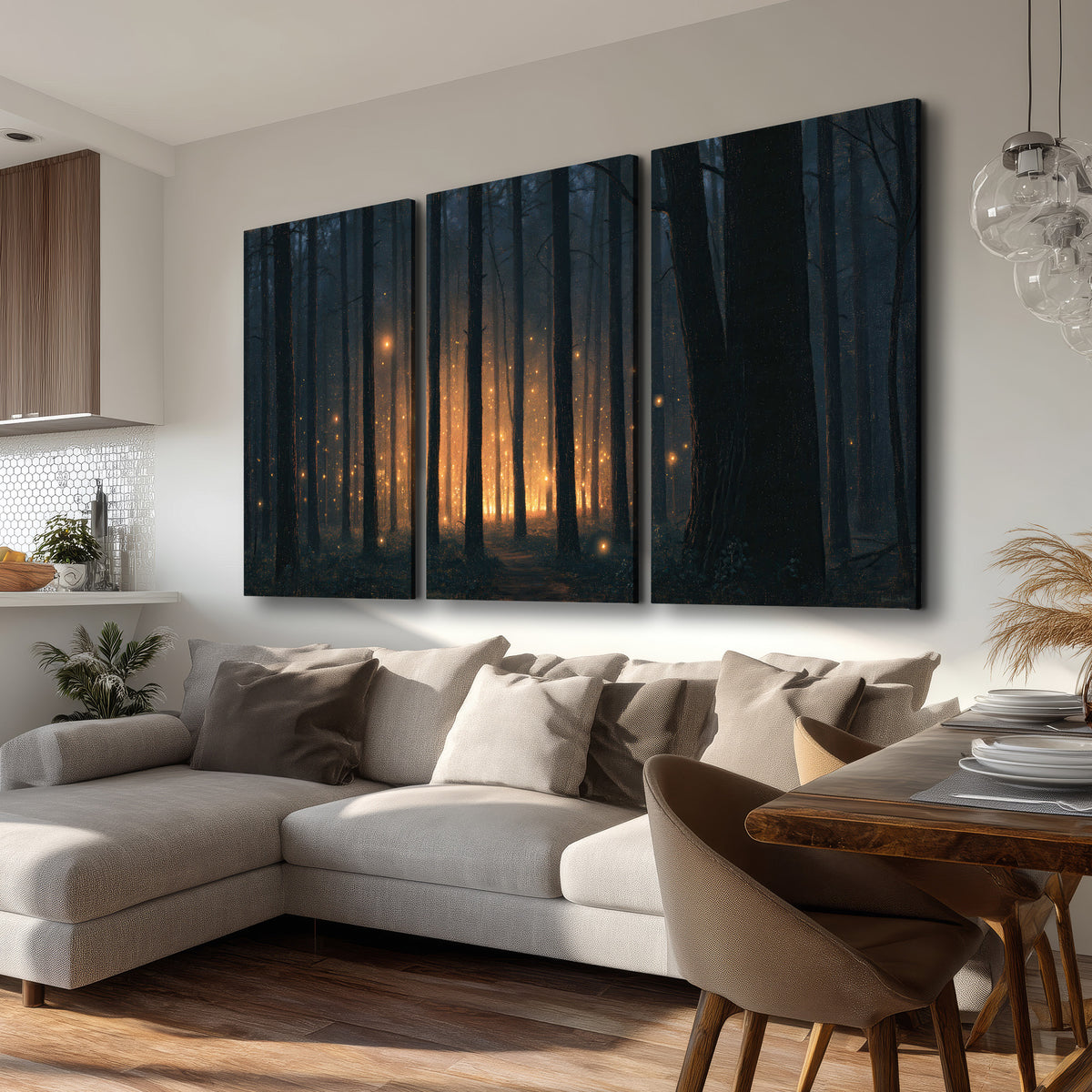 A warm amber glow shining between closely spaced dark forest trunks 3 piece canvas wall art room and product view
