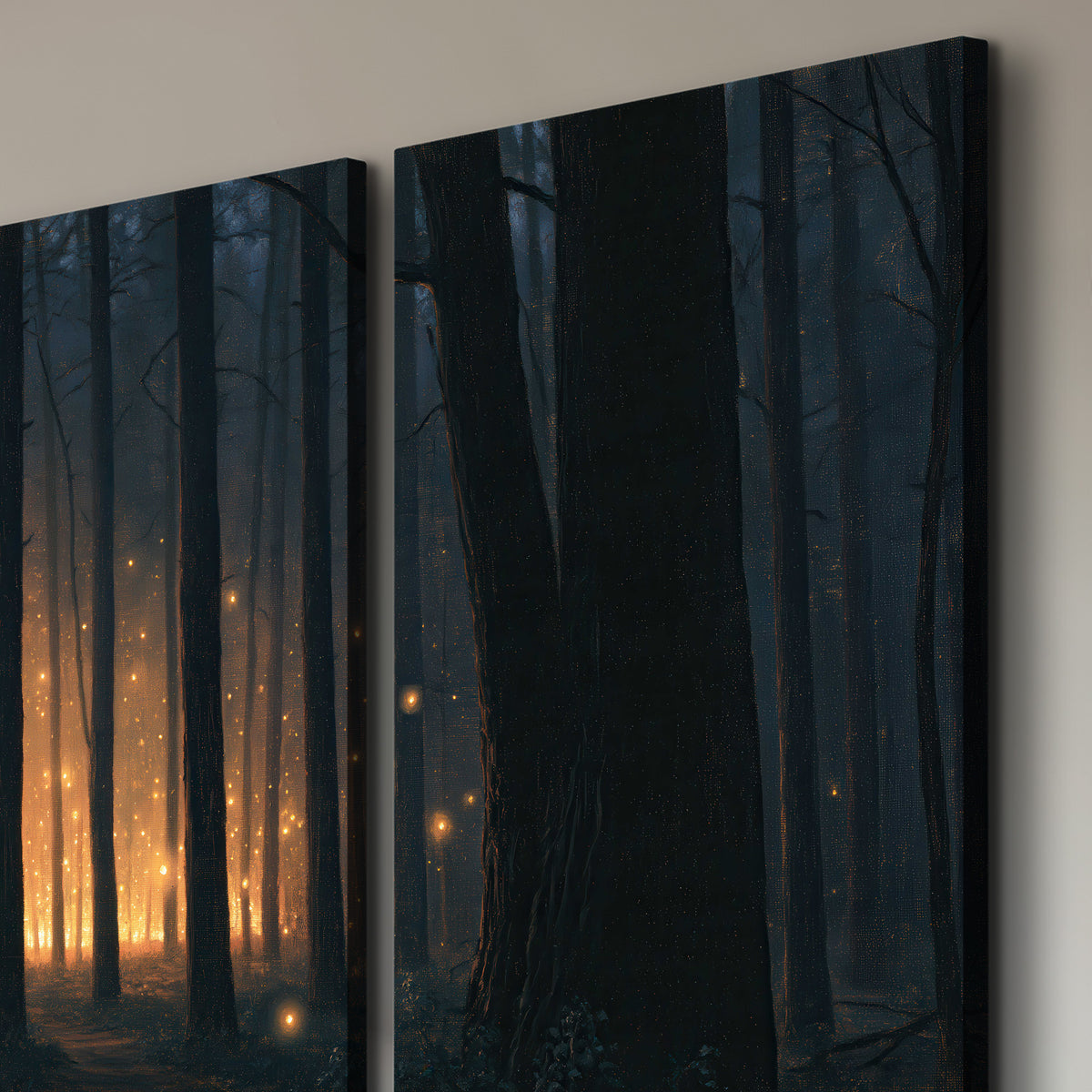 A warm amber glow shining between closely spaced dark forest trunks 3 piece canvas wall art room and product view