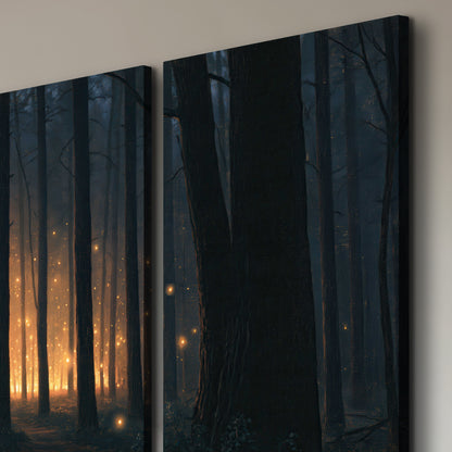 A warm amber glow shining between closely spaced dark forest trunks 3 piece canvas wall art room and product view