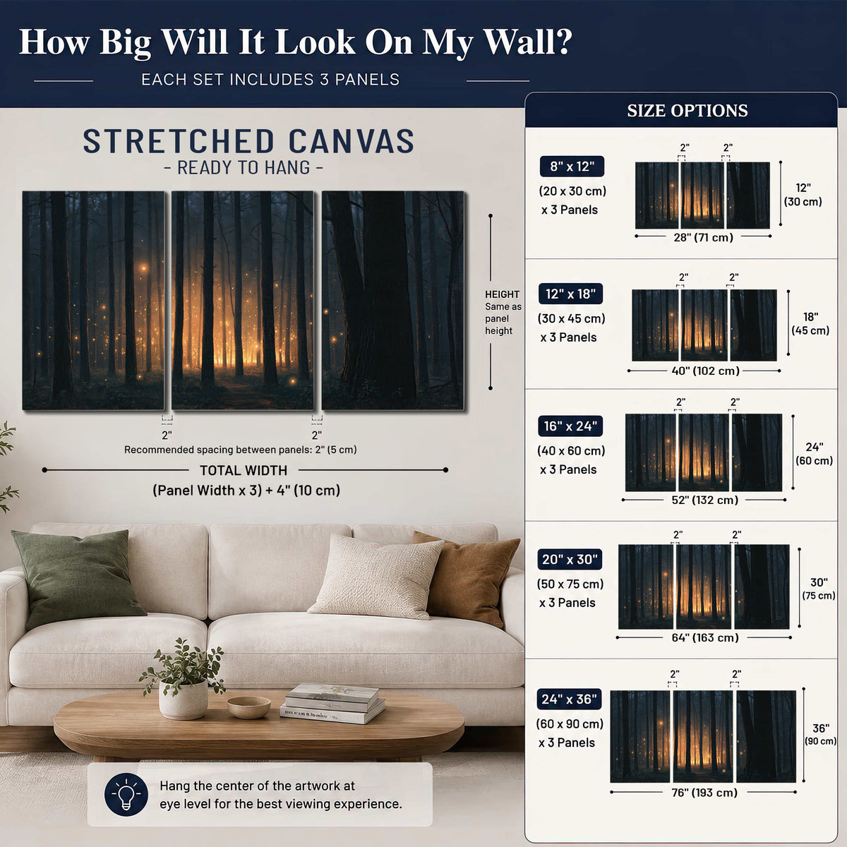 A warm amber glow shining between closely spaced dark forest trunks 3 piece canvas wall art size guide above a sofa; room view is illustrative