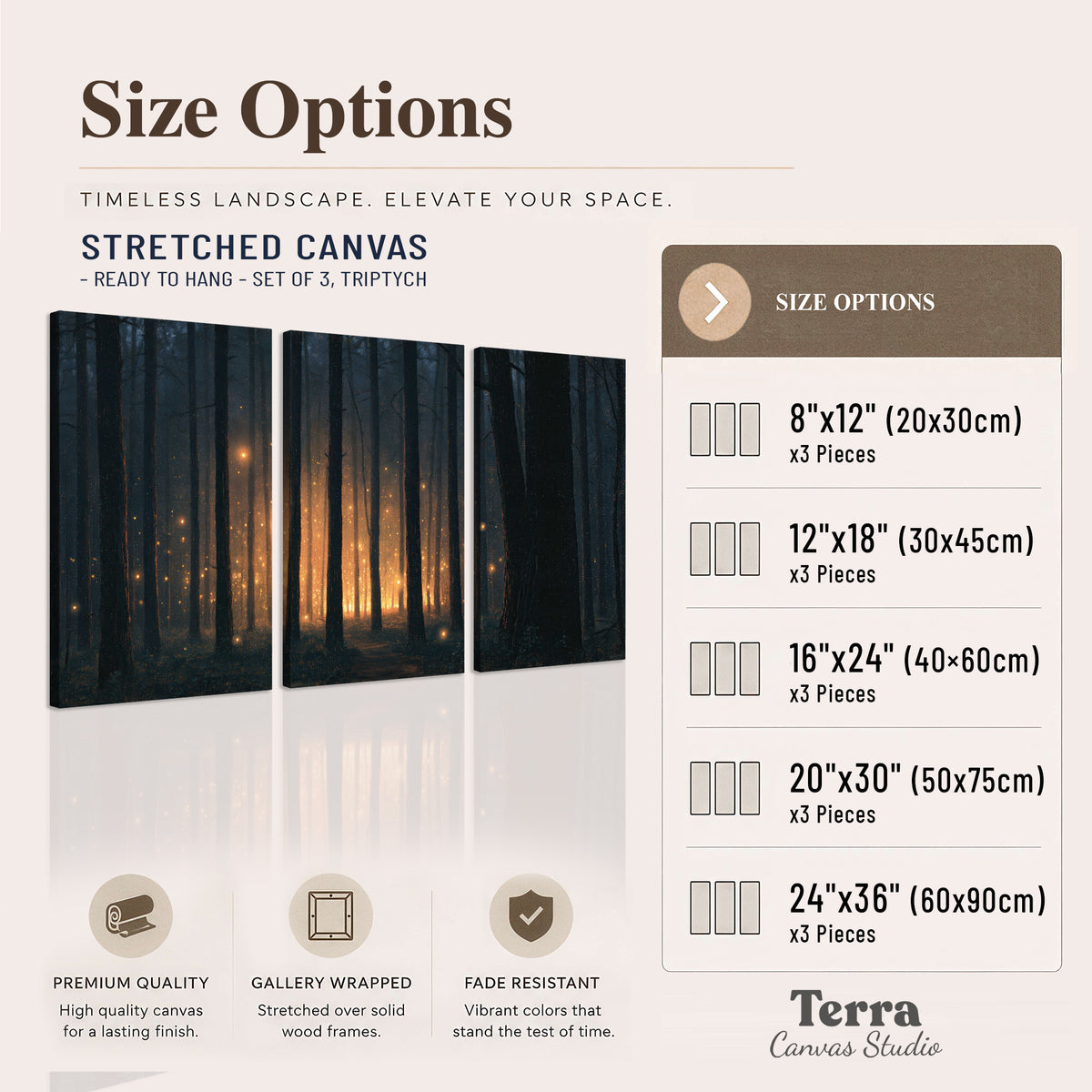 A warm amber glow shining between closely spaced dark forest trunks 3 piece canvas wall art available dimensions; triptych dimensions are per panel