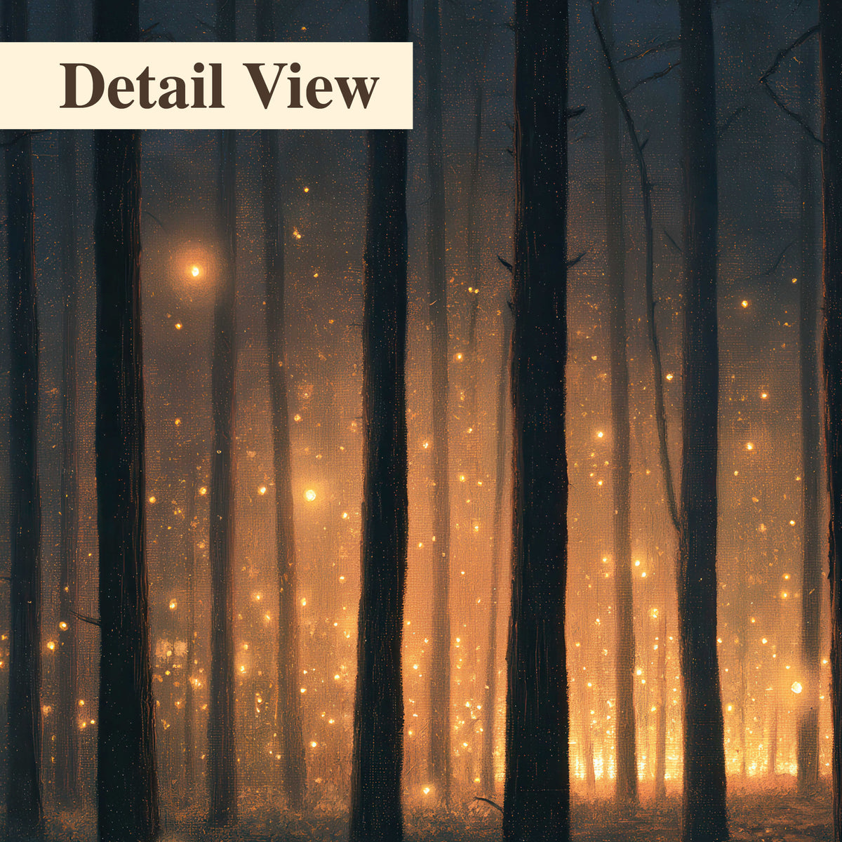 A warm amber glow shining between closely spaced dark forest trunks 3 piece canvas wall art artwork detail close up