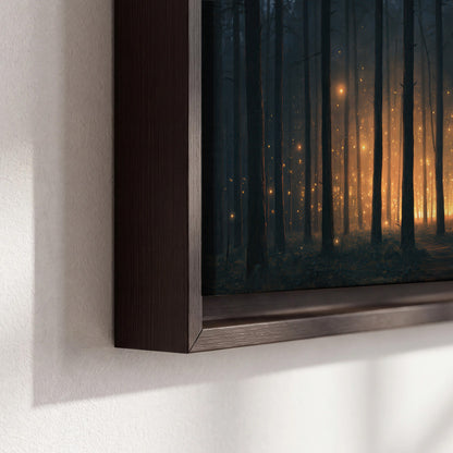 A warm amber glow shining between closely spaced dark forest trunks 3 piece framed canvas wall art material and edge close up
