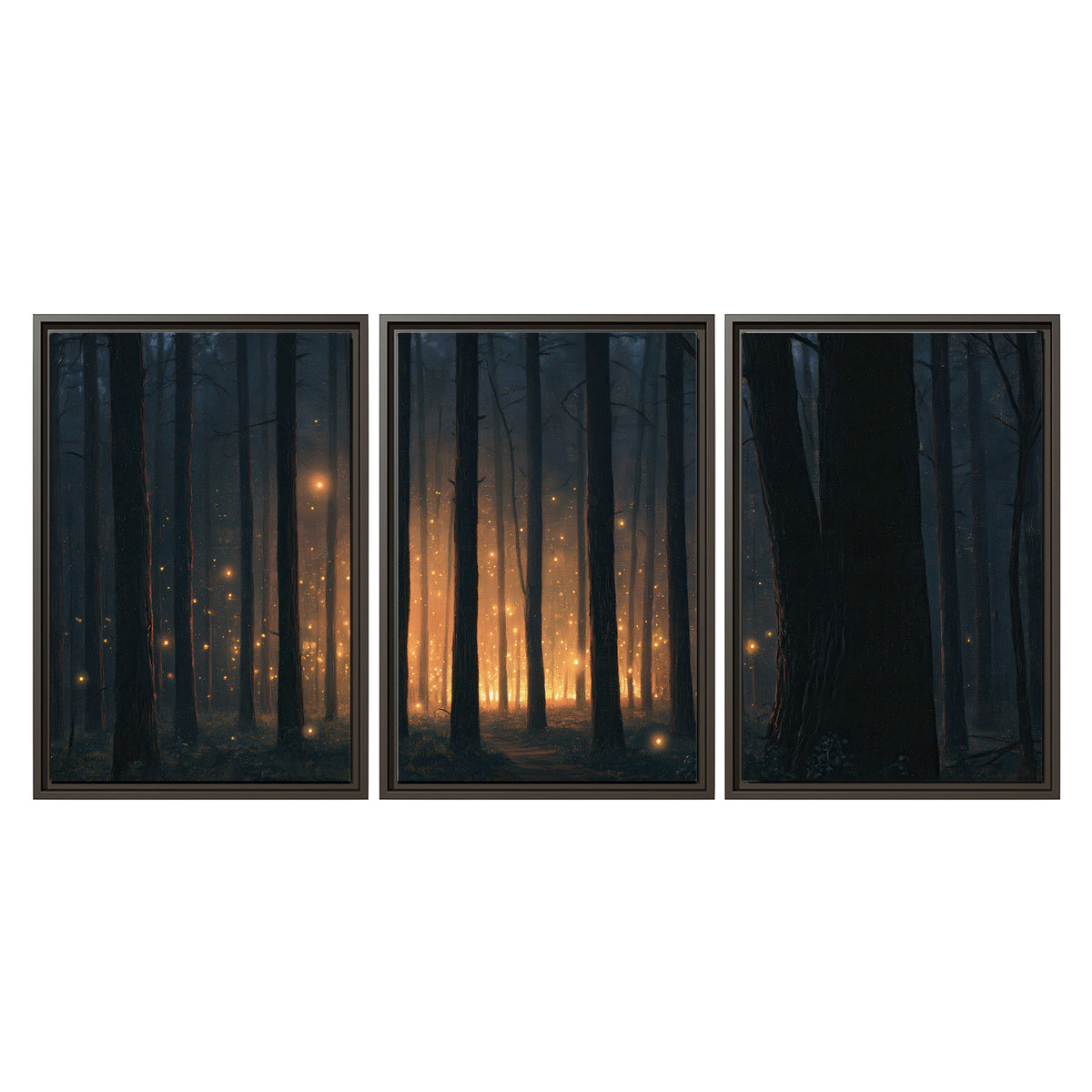 A warm amber glow shining between closely spaced dark forest trunks 3 piece framed canvas wall art viewed straight on