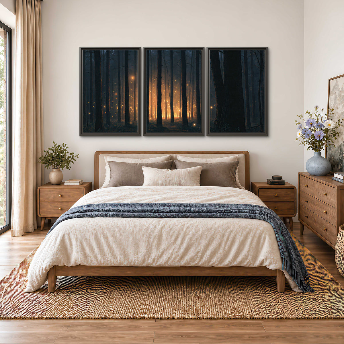 A warm amber glow shining between closely spaced dark forest trunks 3 piece framed canvas wall art styled in an interior