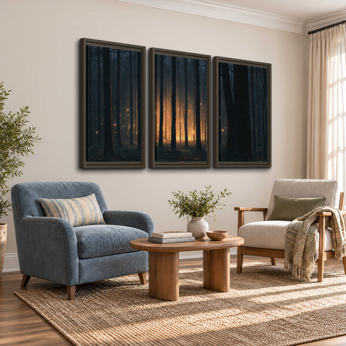 A warm amber glow shining between closely spaced dark forest trunks 3 piece framed canvas wall art styled in an interior
