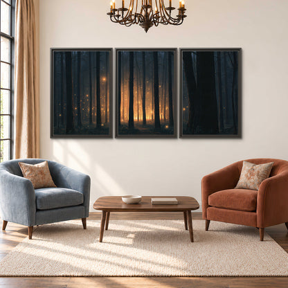 A warm amber glow shining between closely spaced dark forest trunks 3 piece framed canvas wall art styled in an interior