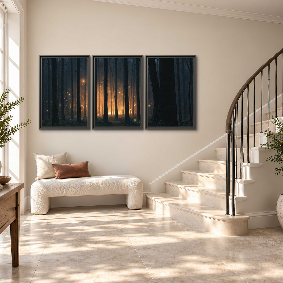 A warm amber glow shining between closely spaced dark forest trunks 3 piece framed canvas wall art styled in an interior