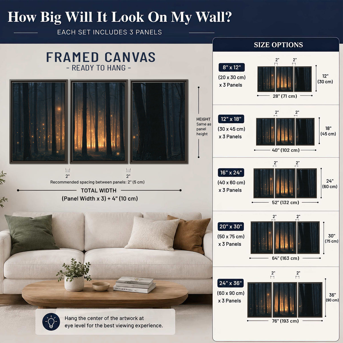 A warm amber glow shining between closely spaced dark forest trunks 3 piece framed canvas wall art size guide above a sofa; room view is illustrative