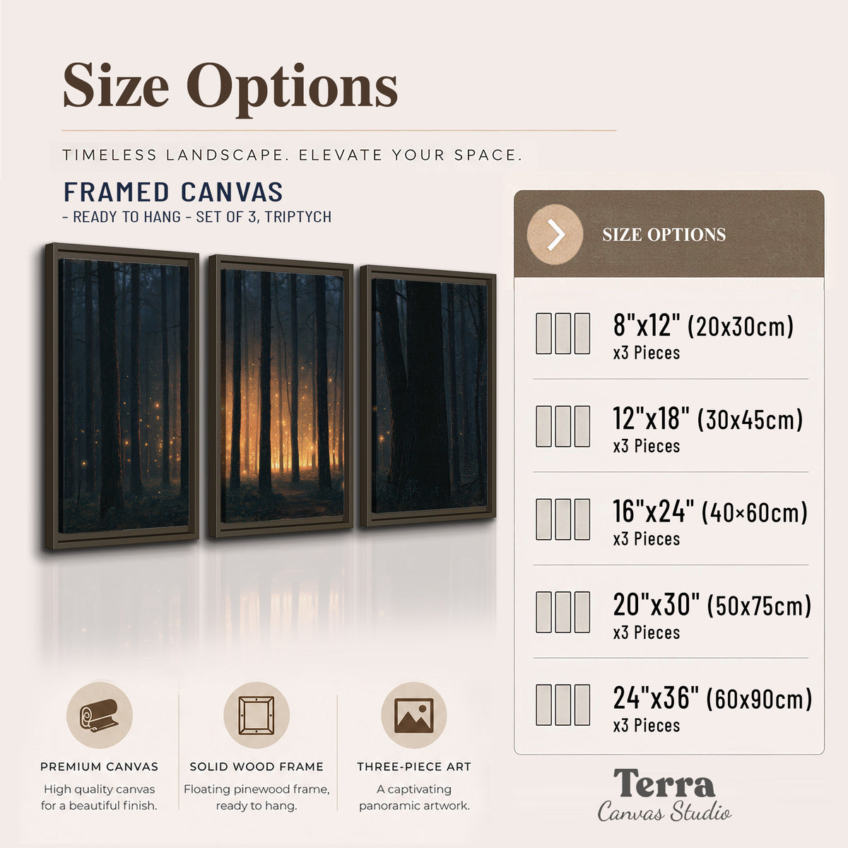 A warm amber glow shining between closely spaced dark forest trunks 3 piece framed canvas wall art available dimensions; triptych dimensions are per panel