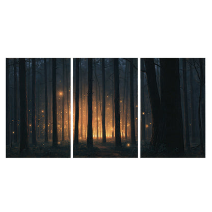 A warm amber glow shining between closely spaced dark forest trunks set of 3 poster prints viewed straight on