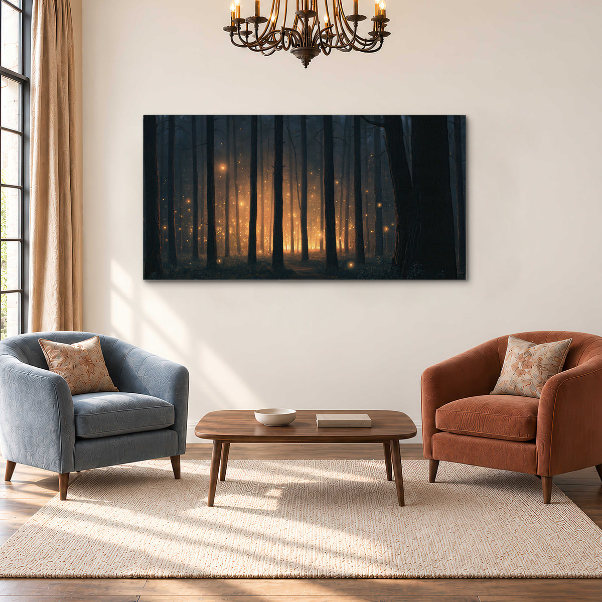 A warm amber glow shining between closely spaced dark forest trunks single canvas wall art styled in an interior