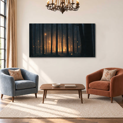 A warm amber glow shining between closely spaced dark forest trunks single canvas wall art styled in an interior