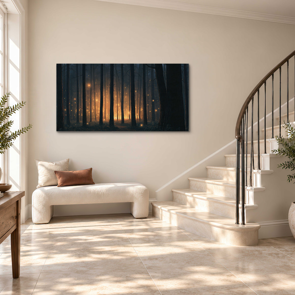 A warm amber glow shining between closely spaced dark forest trunks single canvas wall art styled in an interior