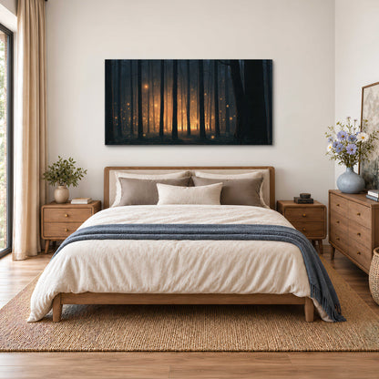 A warm amber glow shining between closely spaced dark forest trunks single canvas wall art styled in an interior