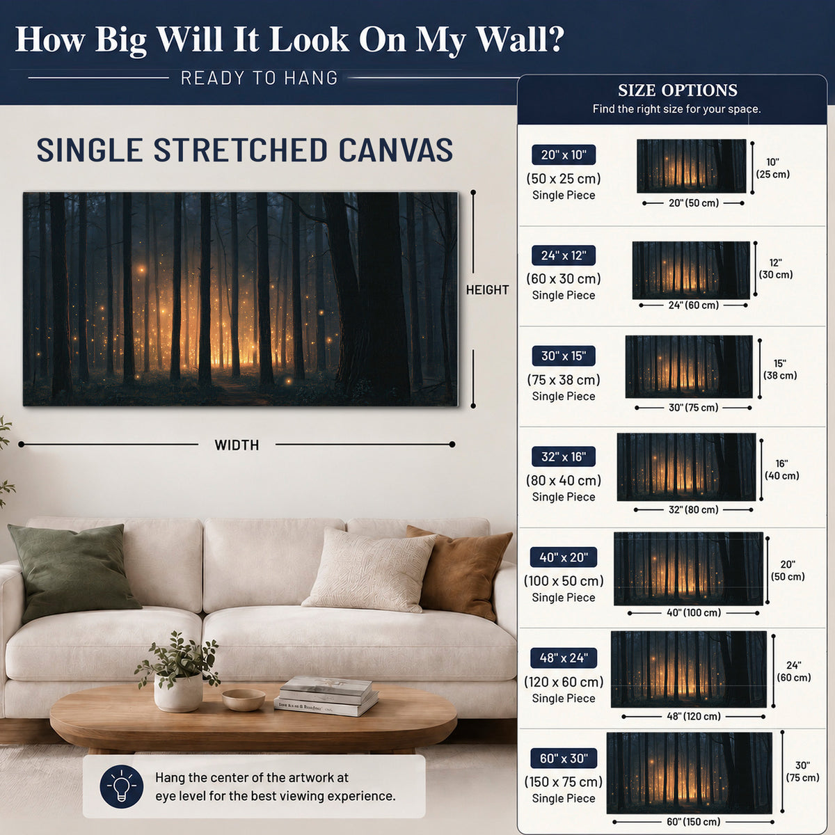 A warm amber glow shining between closely spaced dark forest trunks single canvas wall art size guide above a sofa; room view is illustrative