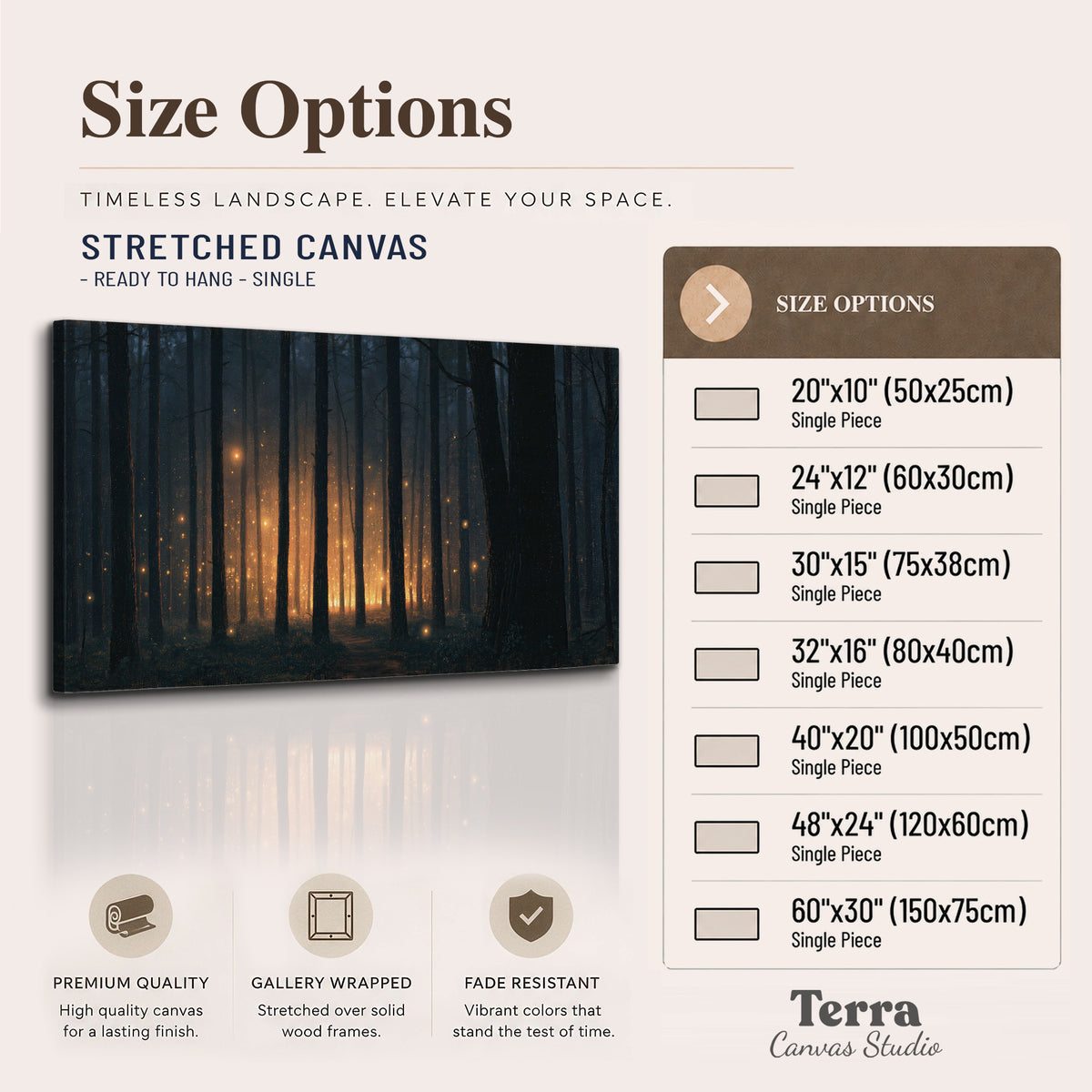 A warm amber glow shining between closely spaced dark forest trunks single canvas wall art available dimensions
