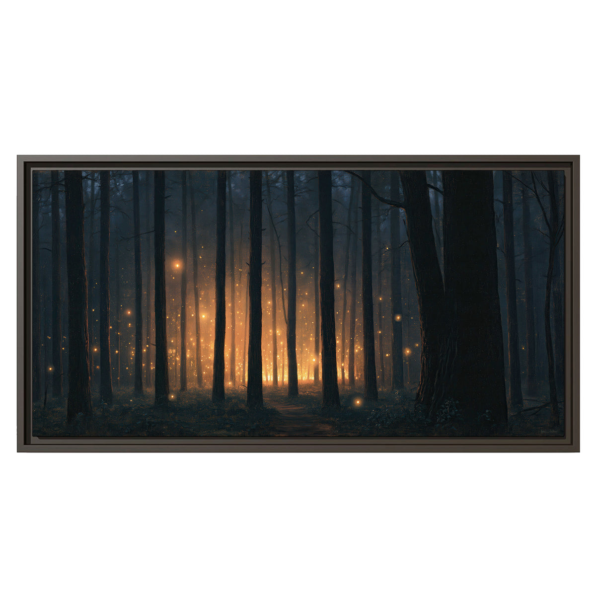 A warm amber glow shining between closely spaced dark forest trunks single framed canvas wall art viewed straight on