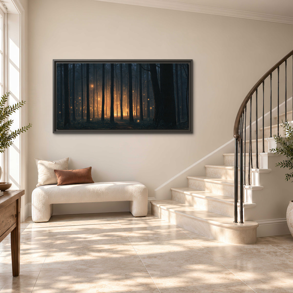A warm amber glow shining between closely spaced dark forest trunks single framed canvas wall art styled in an interior