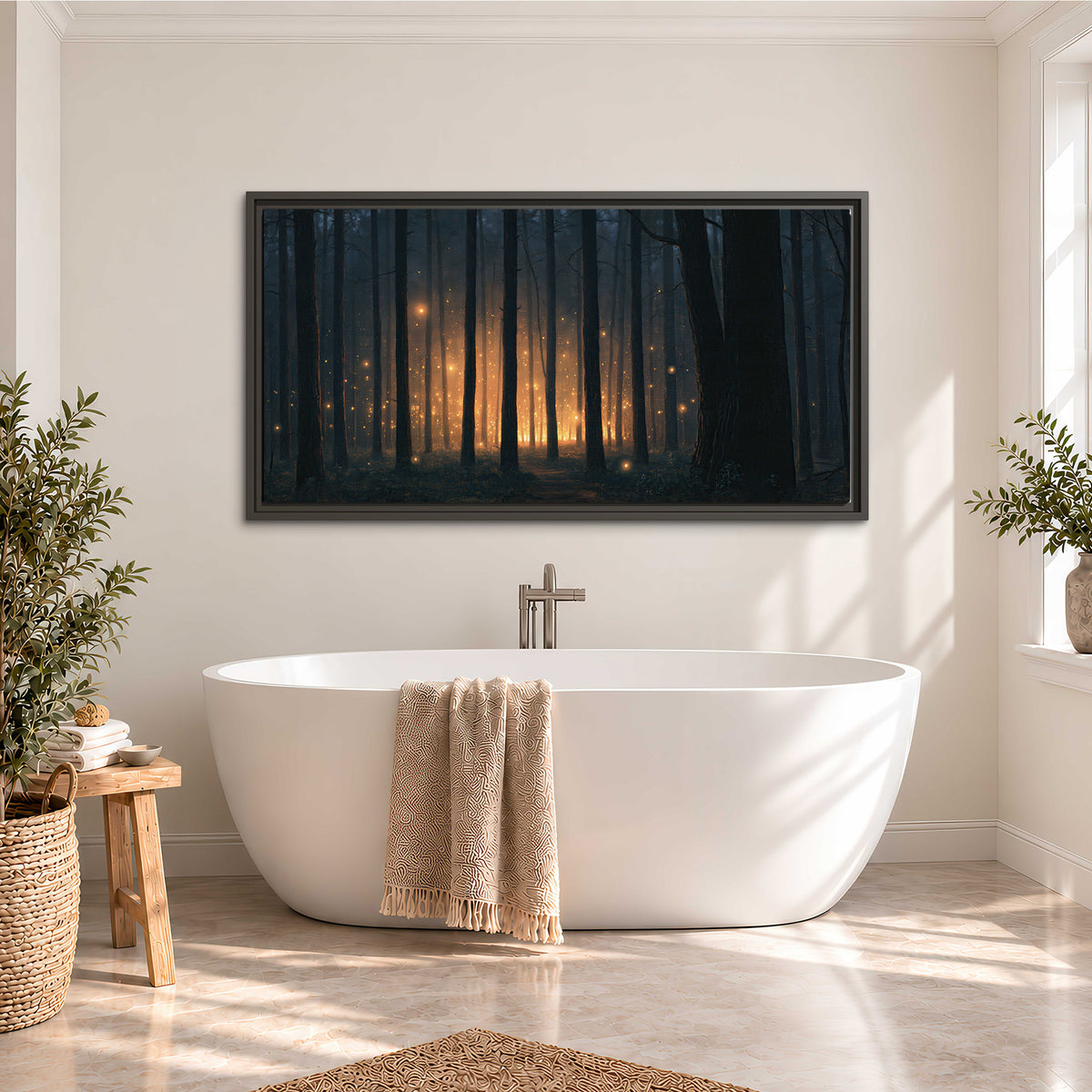A warm amber glow shining between closely spaced dark forest trunks single framed canvas wall art styled in an interior