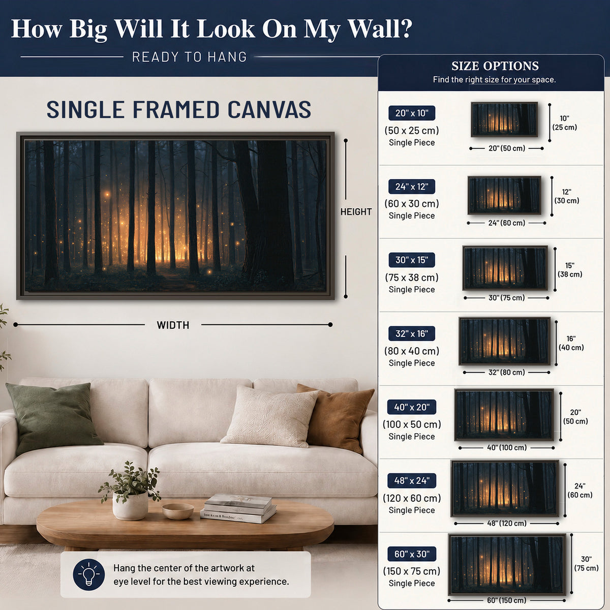 A warm amber glow shining between closely spaced dark forest trunks single framed canvas wall art size guide above a sofa; room view is illustrative