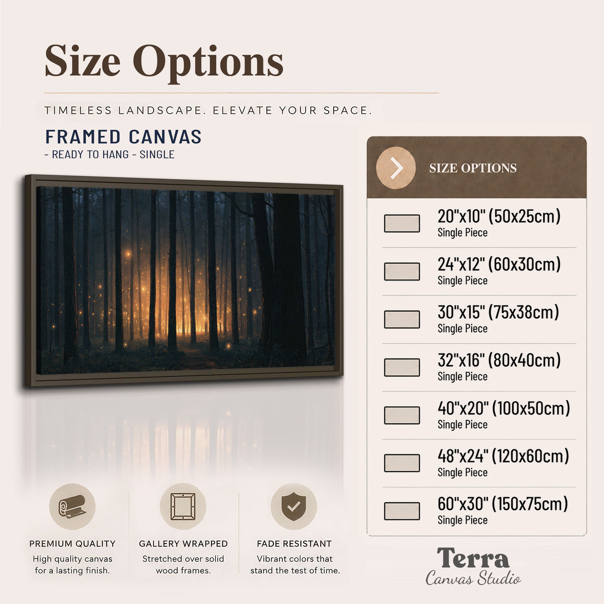 A warm amber glow shining between closely spaced dark forest trunks single framed canvas wall art available dimensions