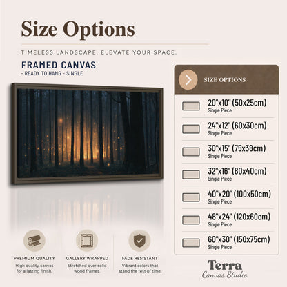 A warm amber glow shining between closely spaced dark forest trunks single framed canvas wall art available dimensions