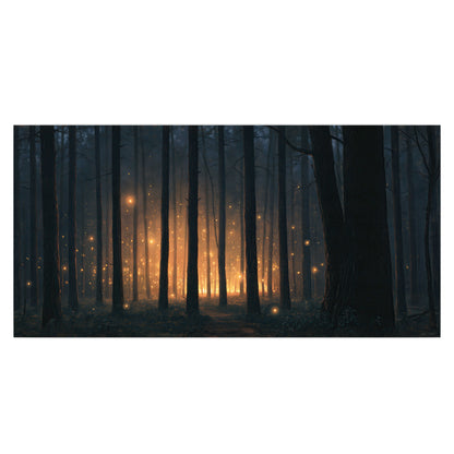 A warm amber glow shining between closely spaced dark forest trunks single poster print viewed straight on