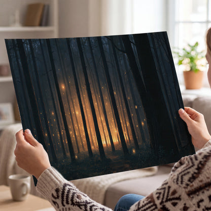 A warm amber glow shining between closely spaced dark forest trunks single poster print held in hands