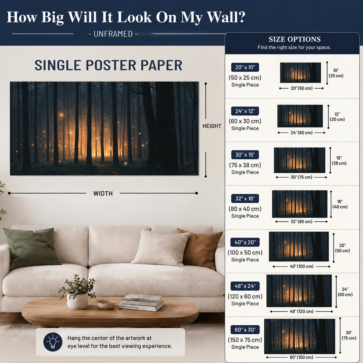 A warm amber glow shining between closely spaced dark forest trunks single poster print size guide above a sofa; room view is illustrative
