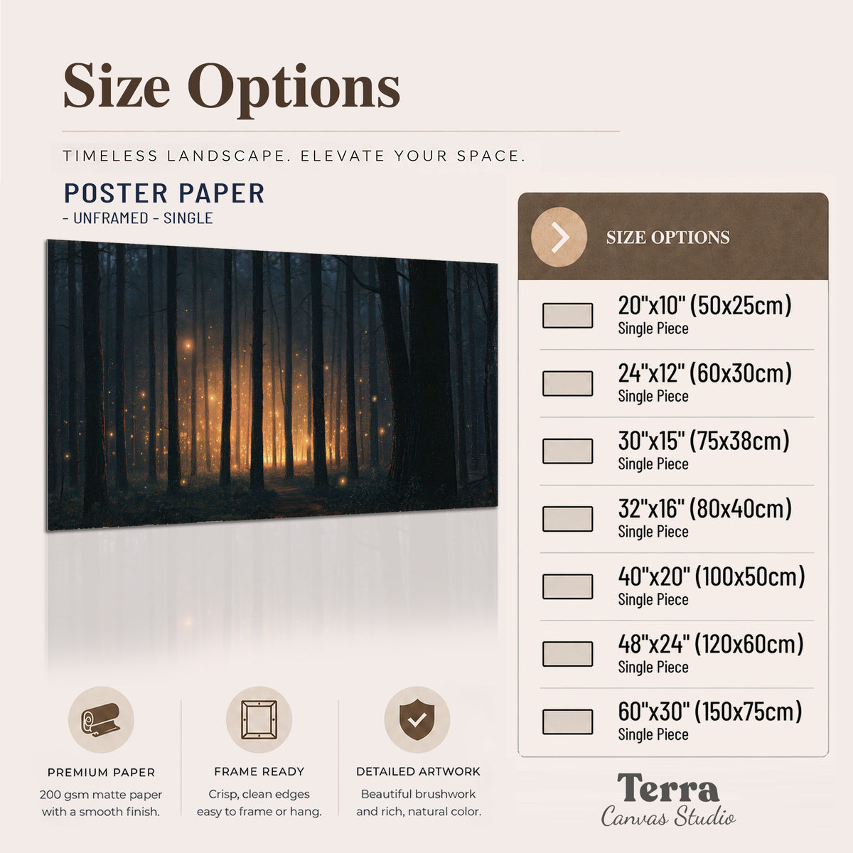 A warm amber glow shining between closely spaced dark forest trunks single poster print available dimensions