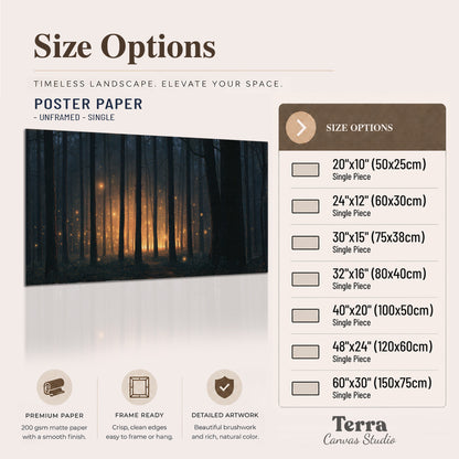 A warm amber glow shining between closely spaced dark forest trunks single poster print available dimensions