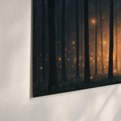 A warm amber glow shining between closely spaced dark forest trunks set of 3 poster prints material and edge close up