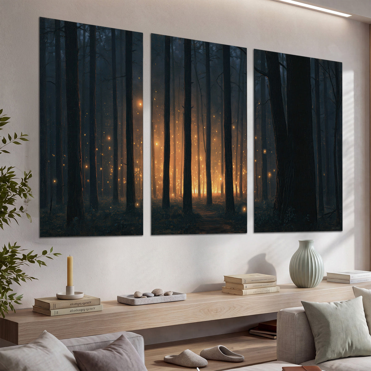 A warm amber glow shining between closely spaced dark forest trunks set of 3 poster prints displayed in a console