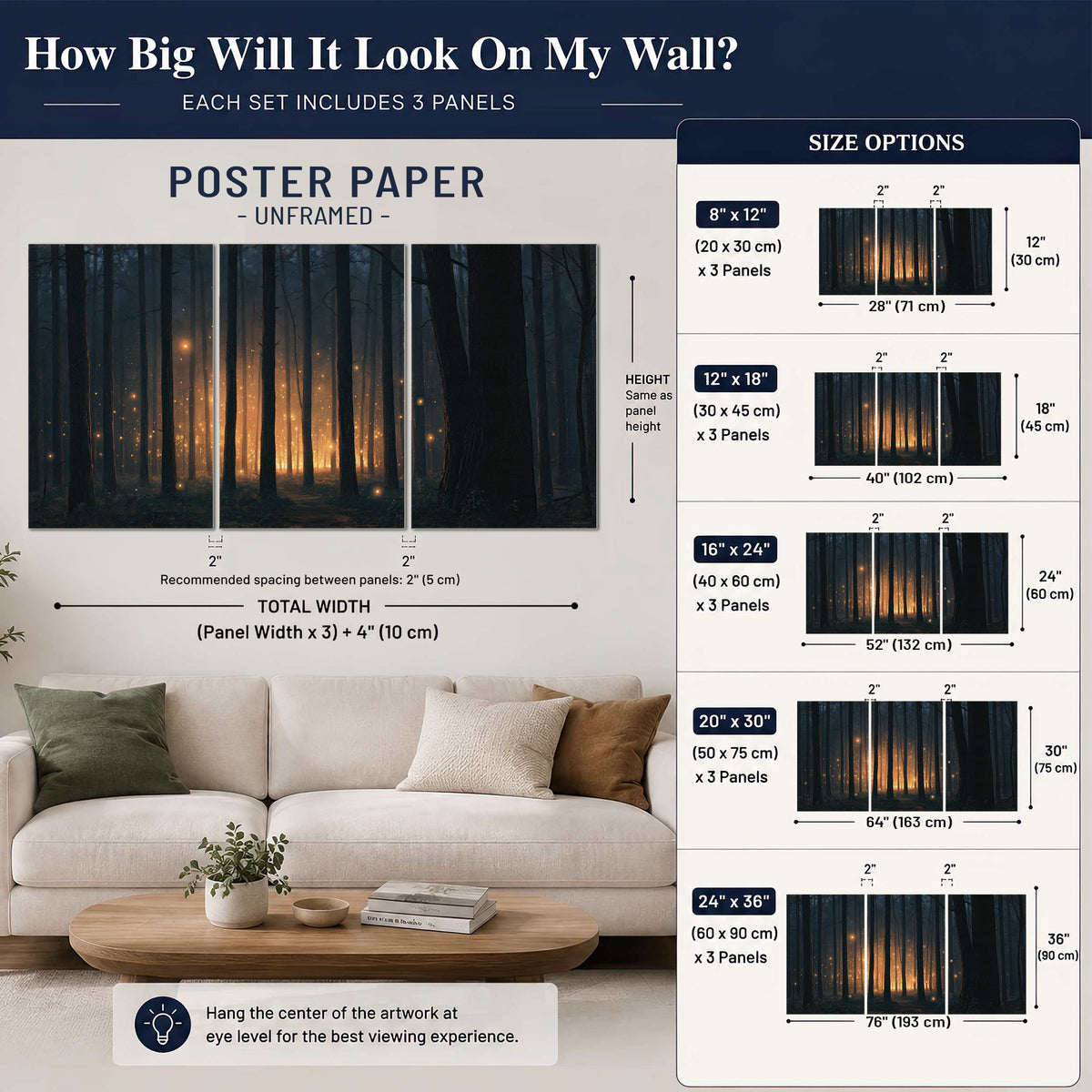 A warm amber glow shining between closely spaced dark forest trunks set of 3 poster prints size guide above a sofa; room view is illustrative