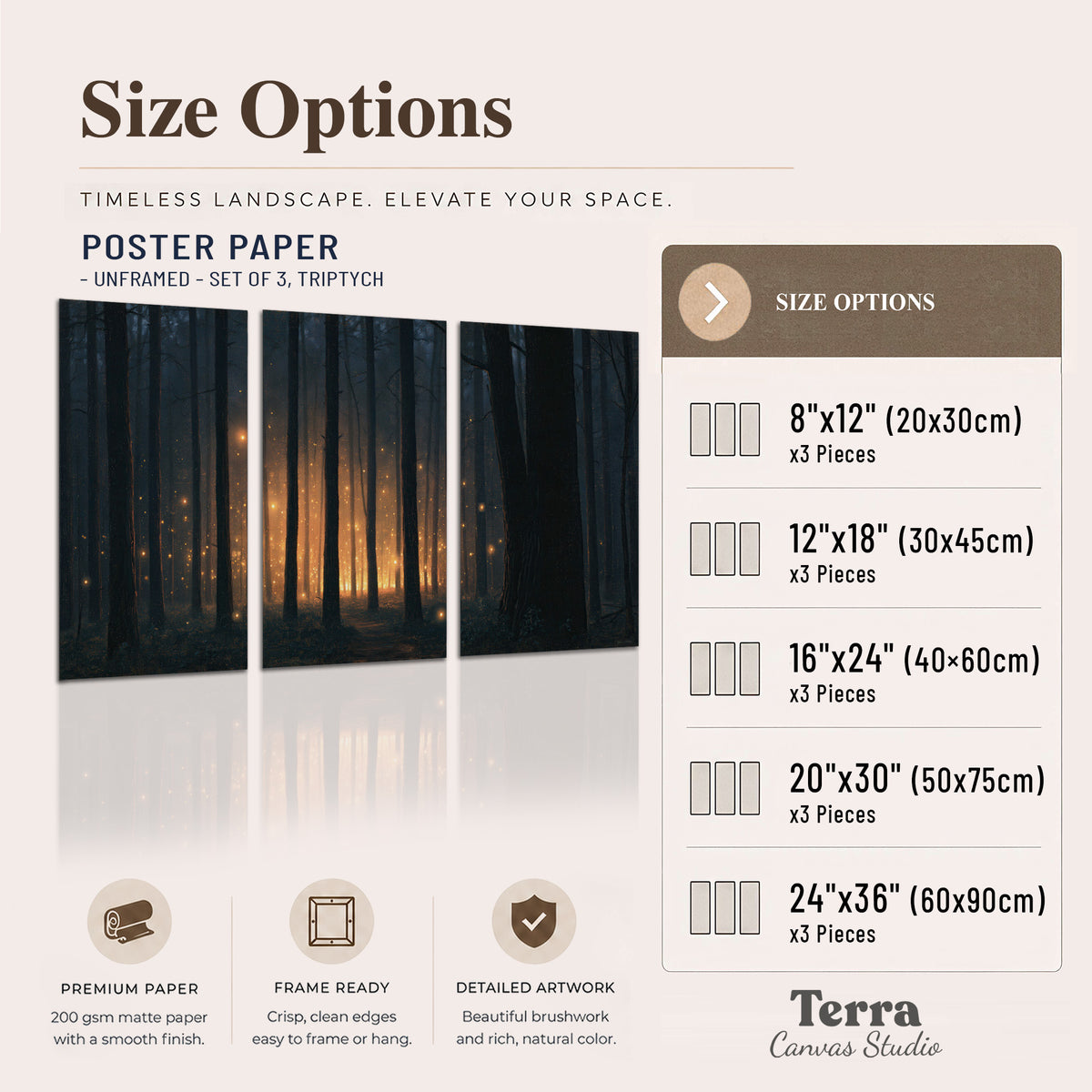 A warm amber glow shining between closely spaced dark forest trunks set of 3 poster prints available dimensions; triptych dimensions are per panel