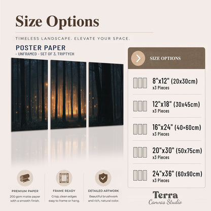 A warm amber glow shining between closely spaced dark forest trunks set of 3 poster prints available dimensions; triptych dimensions are per panel