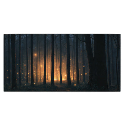 A warm amber glow shining between closely spaced dark forest trunks single canvas wall art viewed straight on