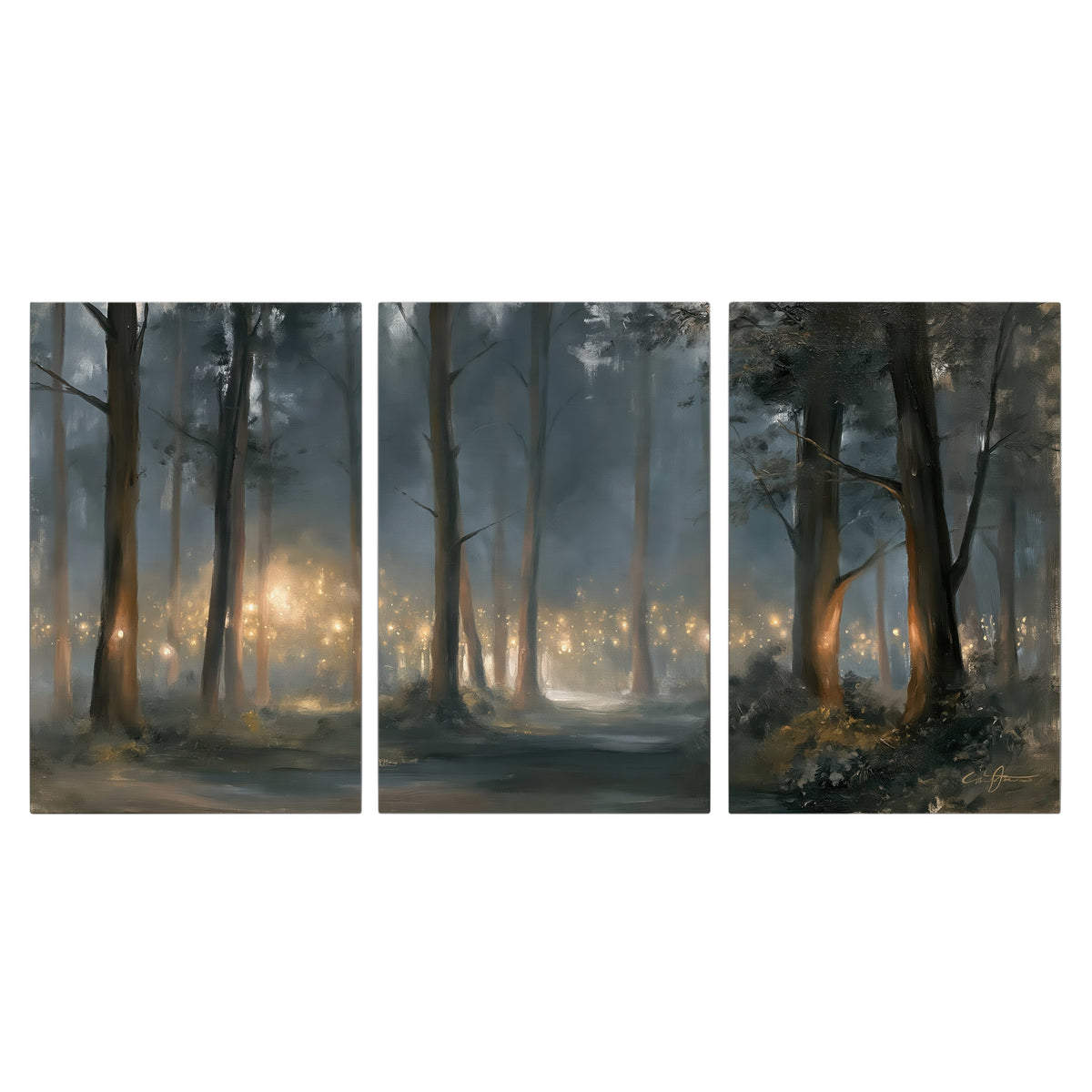 Soft warm light filtering through tall trees in a cool mist-covered forest 3 piece canvas wall art viewed straight on