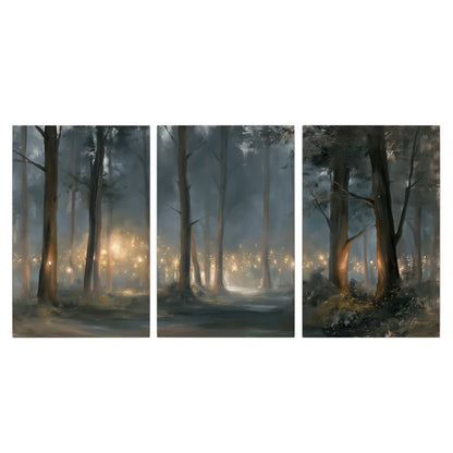 Soft warm light filtering through tall trees in a cool mist-covered forest 3 piece canvas wall art viewed straight on